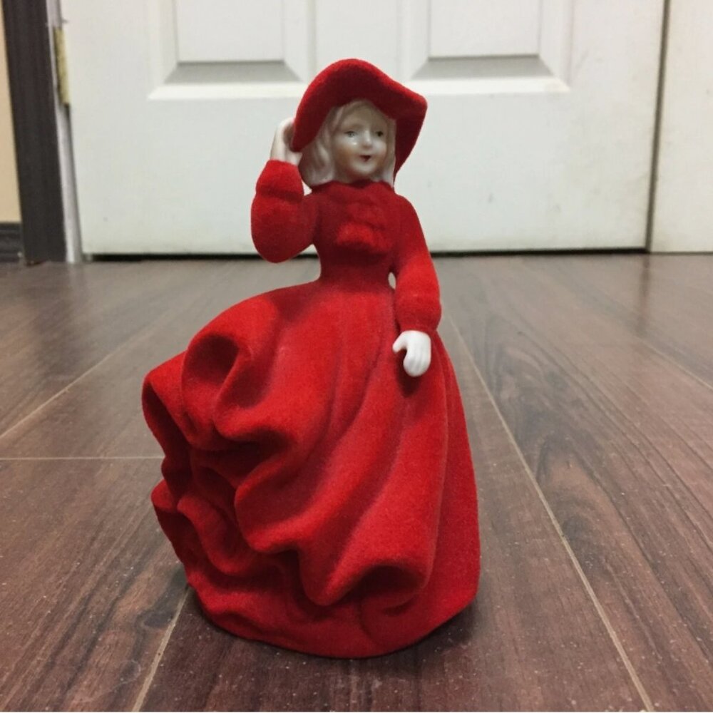 Vtg Christmas Belle Ceramic Girl Victorian Figure Red Dress Flocked 6" Japan